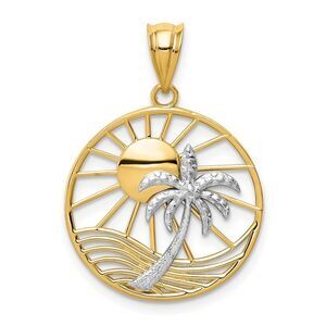 14k Two Tone Gold Sun and Palm Tree Pendant